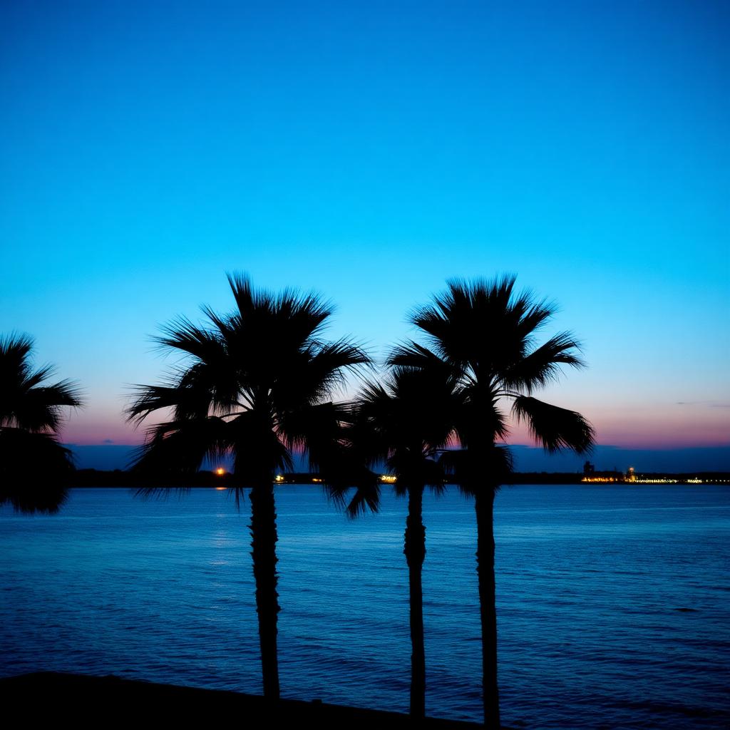Evening view of Oso Bay with palm silhouettes